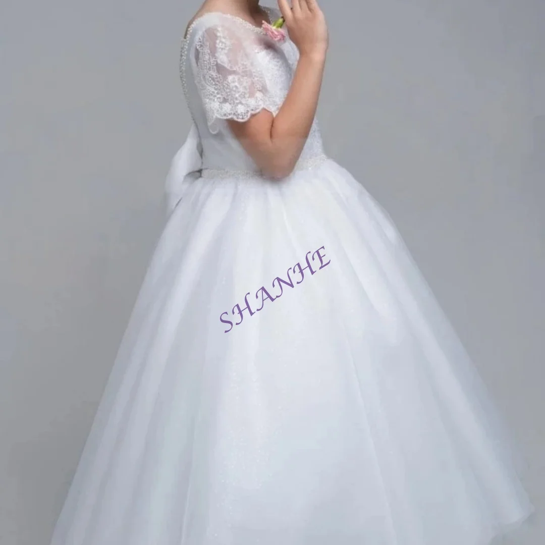 맞춤형 흰색 첫 영성체 드레스 티 길이 레이스 소매 웨딩 플라워 걸 드레스 비즈 장식 튤 파티 볼 가운