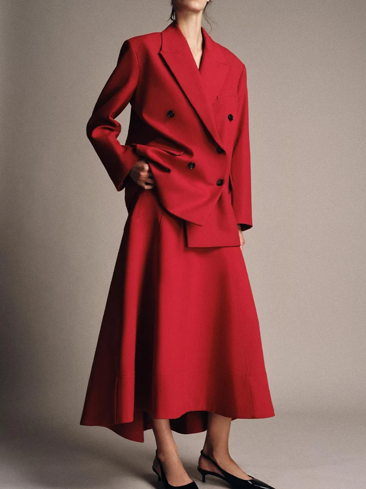 

European and American style 2025 Winter New Arrivals Women's Straight-fit Double-breasted Blazer and High-waisted Skirt Set