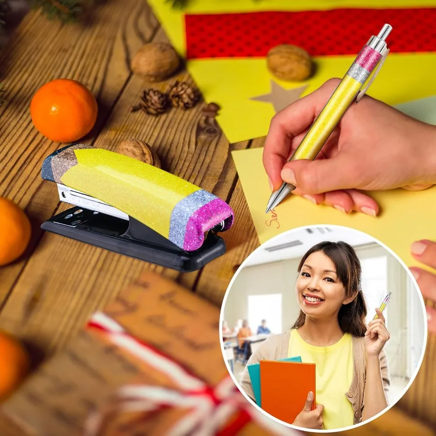 Set regalo per apprezzamento dell'insegnante Glitter Peil Cucitrice Penne a sfera Forniture per ufficio Accessori da scrivania Cucitrice per insegnanti con graffette