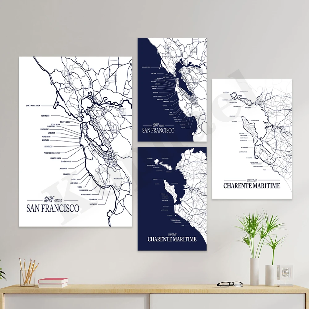 Charente San Francisco. City Surf Map. Surfer Gift. Home Wall Decor Art Poster