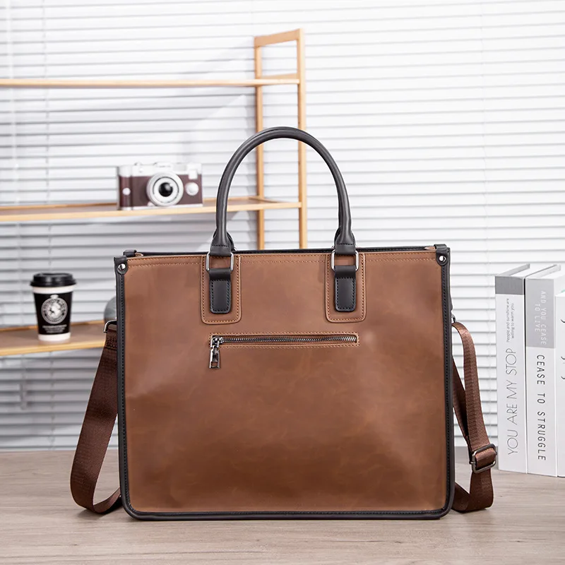 Retro briefcase contrast color business men PU leather handhold business bag horizontal one shoulder computer work bag