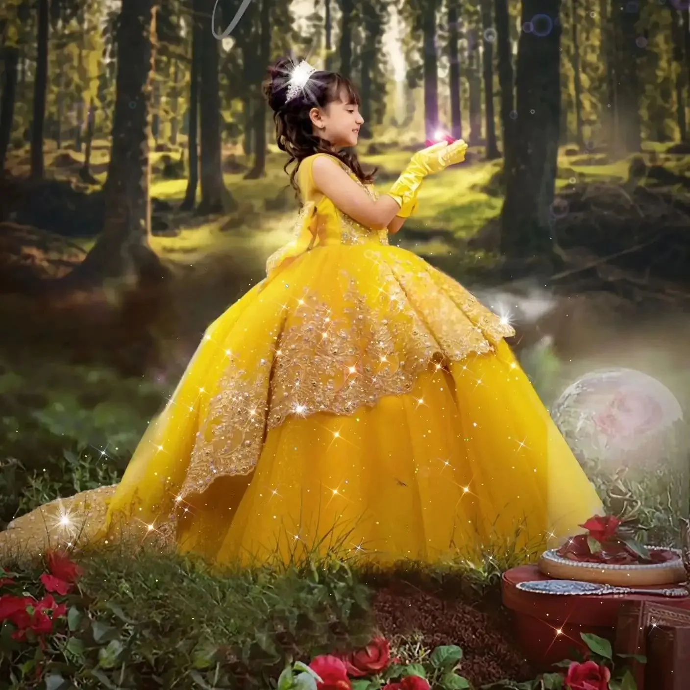 ที่กําหนดเองทองชุดสาวดอกไม้สําหรับงานแต่งงานเงาA Ppliquesด้วยโบว์เด็กแรกศีลมหาสนิทอย่างเป็นทางการเหตุการณ์วันเกิดพรรคชุด