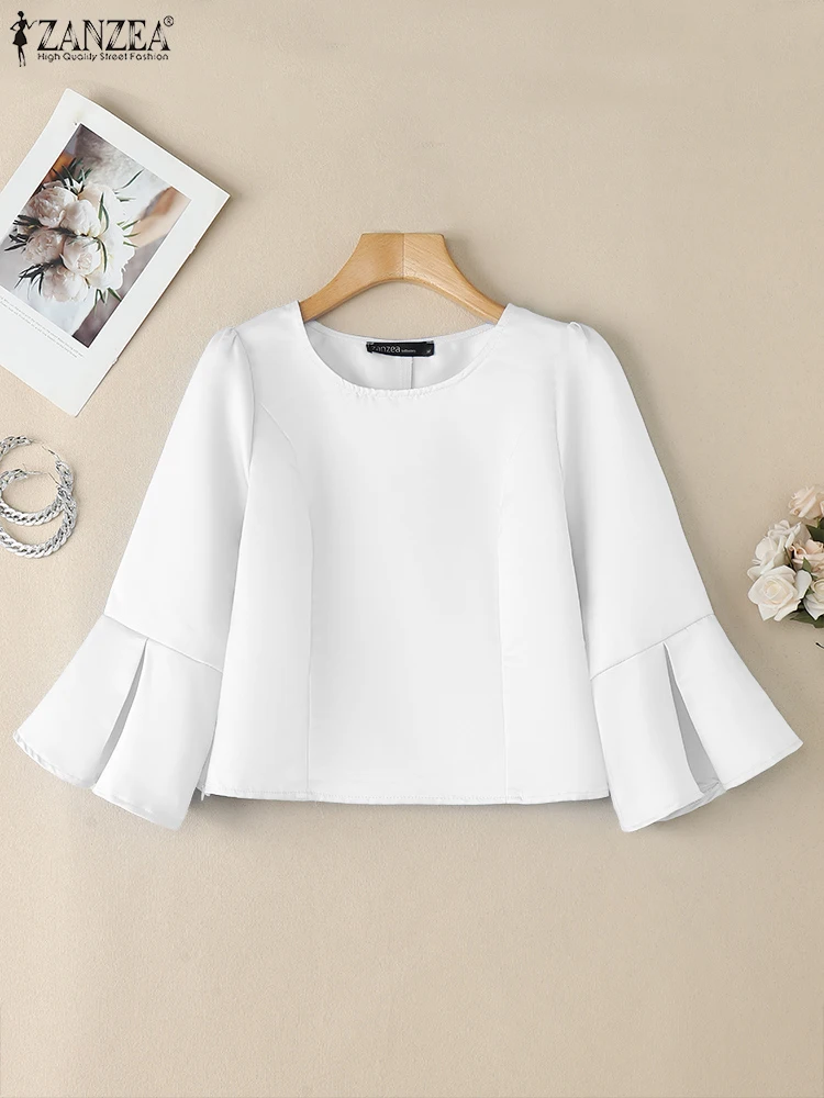 ZANZEA Moda Donna Top in raso lucido Slim-Fit Primavera Estate Manica svasata a 3/4 Blusas Mujer O-Collo Pendolarismo Camicette eleganti