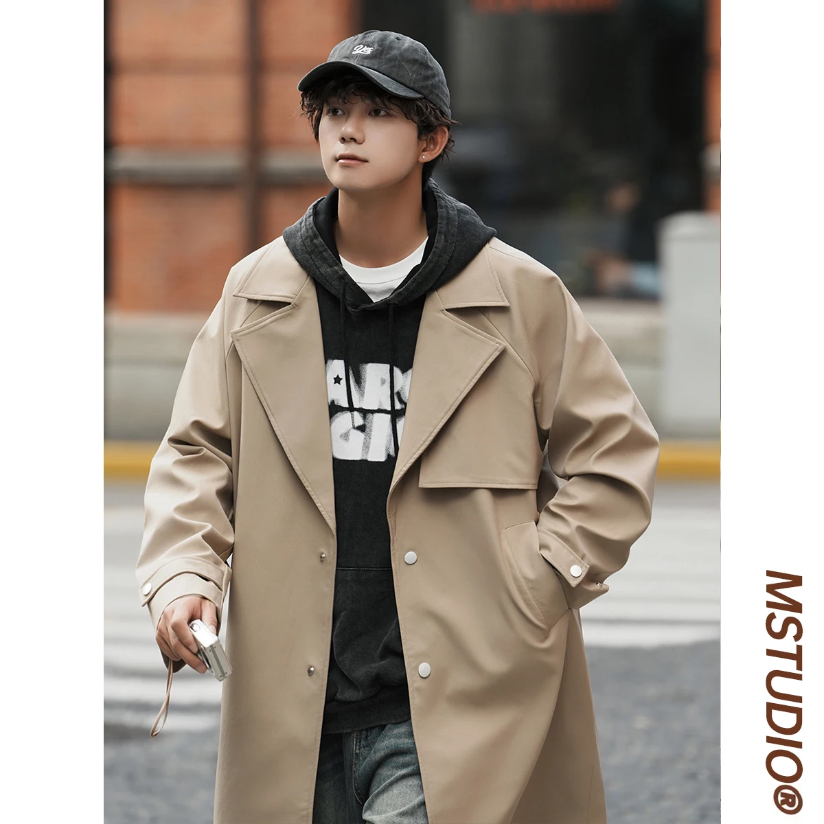 

Khaki Men's Long Coat American Retro Turn-down Collar Autumn High-ade Feeling Haome Top Men's Outerwear Jaet