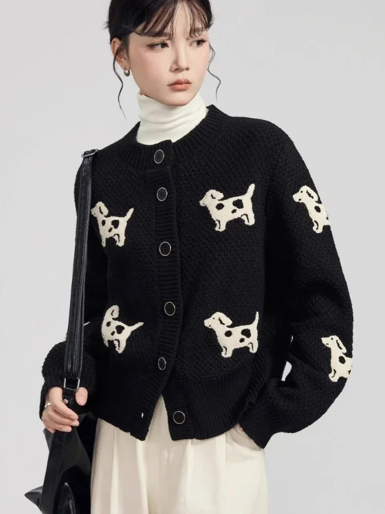 Vintage Black Cute Puppy Dog Embroidery Cardigan Designer Single Breasted Sweater Jacket Sweet College Preppy Korean Fashion