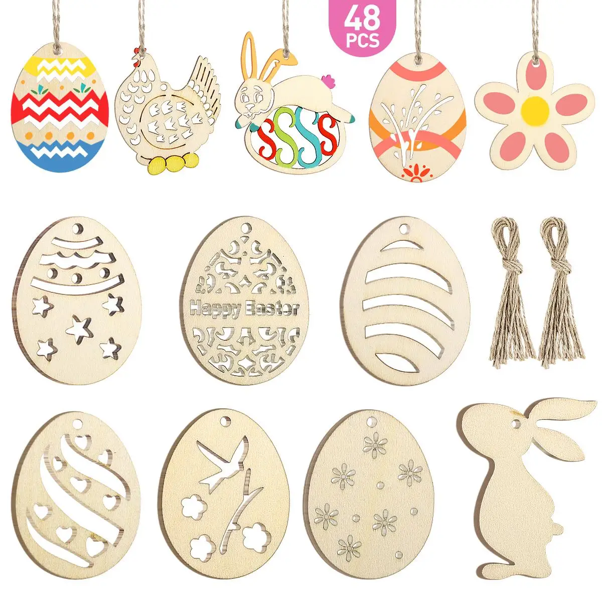

48pcs Wooden Tags Hollow Carved Hanging Decorative Signs Smooth Eco Friendly Craft Gift Labels naments