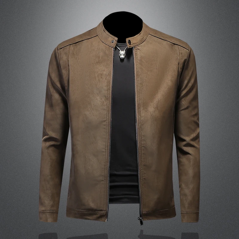 2026 new high-quality slim fit leather jacket, men's casual stand up collar motorcycle leather jacket,