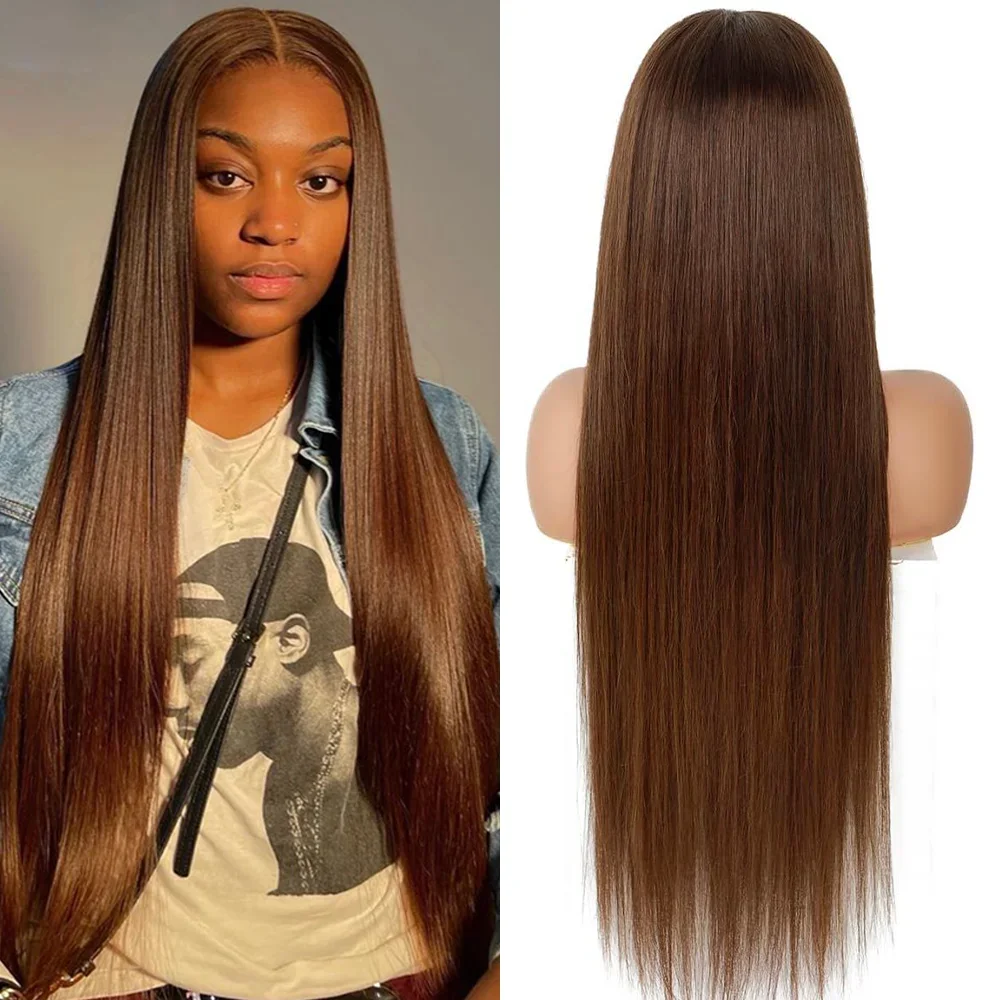 Perruque brésilienne en cheveux humains lisses brun chocolat, densité 200, 30 pouces, avec dentelle frontale HD transparente 13x4, pré-épilée, sans colle