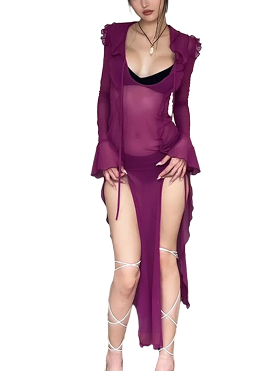 Vestido largo de manga larga para mujer, prenda Sexy de corte bajo con abertura, transparente, para fiesta de cóctel y Bar