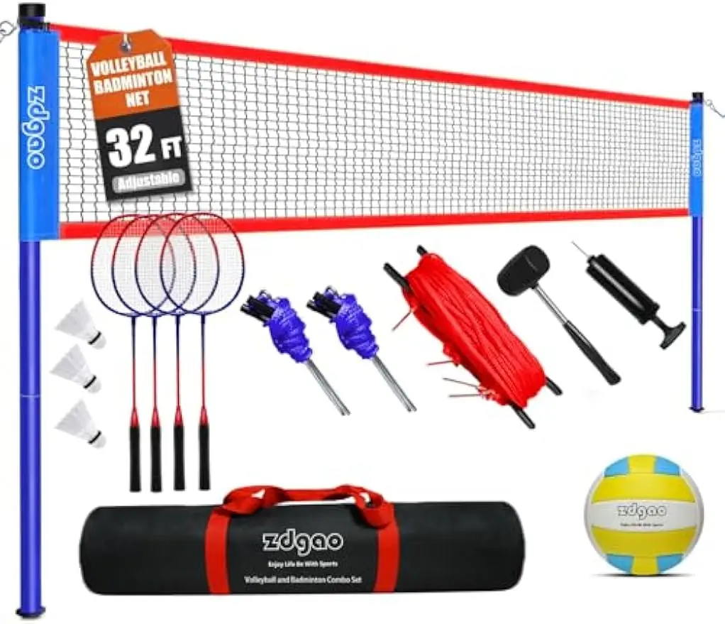 

Adjustable Volleyball & Badminton Combo Set with Net, Racquets, Bag for Outdoor Family Fun