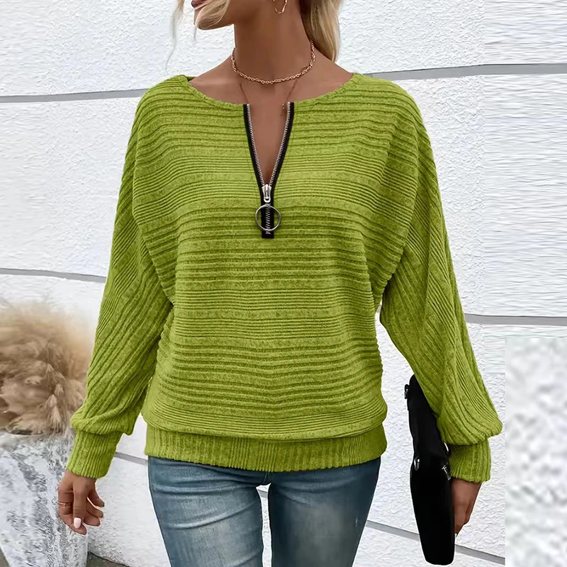 

New Fashion Solid Long Sleeve Zip Up T Shirts For Women Loose Tee Tops Casual Solid Color V Neck Women T-Shirts Pullover