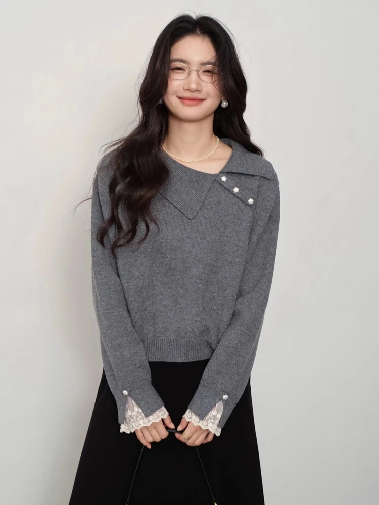 ALXNAN سترات رمادية من الدانتيل المرقعة بياقة مائلة وأزرار فضفاضة تناسب البلوفرات القصيرة بحاشية مرنة ملابس نسائية رومانسية L57319