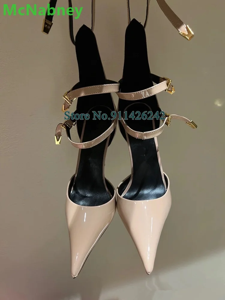 Ankle Buckle Design Metal Thin High Heel Pumps For Female Women Pointed Toe Sexy Hollow Leather Fabric Fashion Elegant Shoes