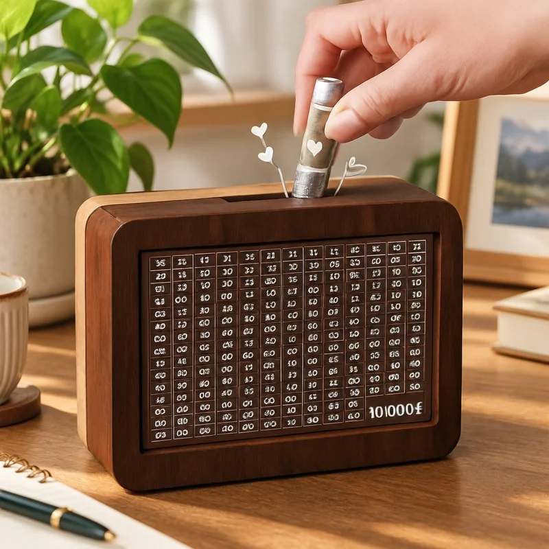 Kids' Wooden Savings Vault, Refillable Cash Box for Euro Money Challenges, Holds 1000-10000 Euros