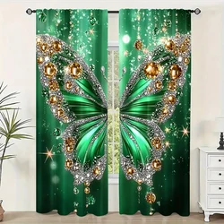 2pc,Curtains Diamond Pearl Butterfly Machine Washable Fabric,Without Electricity Festive Holiday Suitable for Classroom