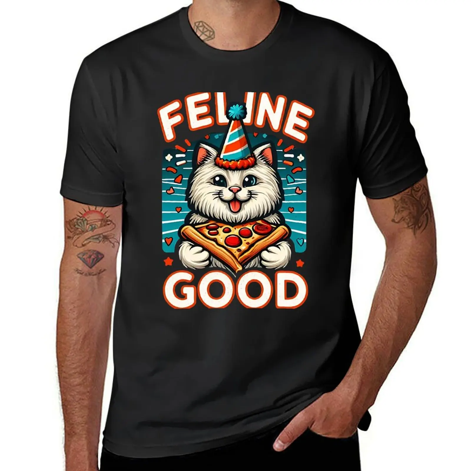 Feline Good: Happy Cat with Pizza Slice Whimsical Cat Lover T-Shirt summer top Blouse heavyweights mens white t shirts