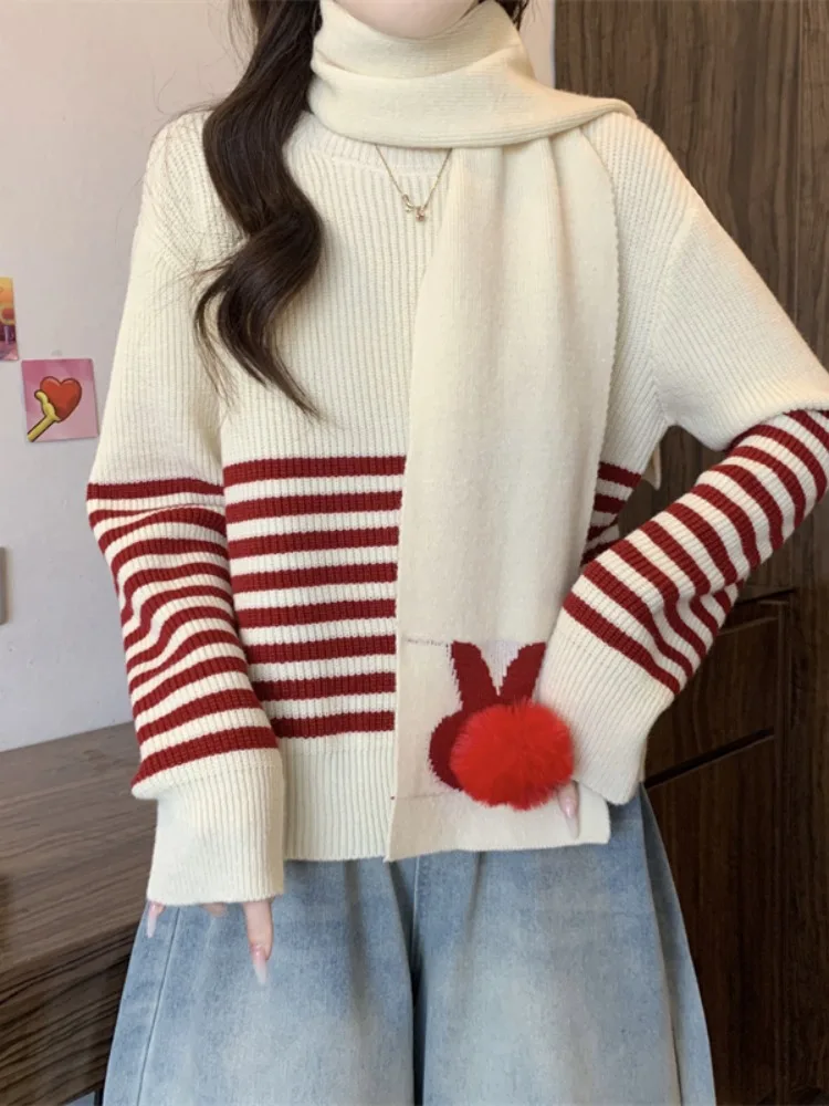 

Мягкий уютный шарф с кроликом, вязаный свитер в полоску, женский ленивый свитер, сладкий маленький размер, зимняя мода, свободный крой, длинный свек