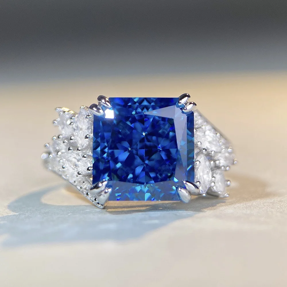 

Luxury white gold solid platinum PT950 Women's Deep Sea Blue Treasure Ring Full Diamond Ring