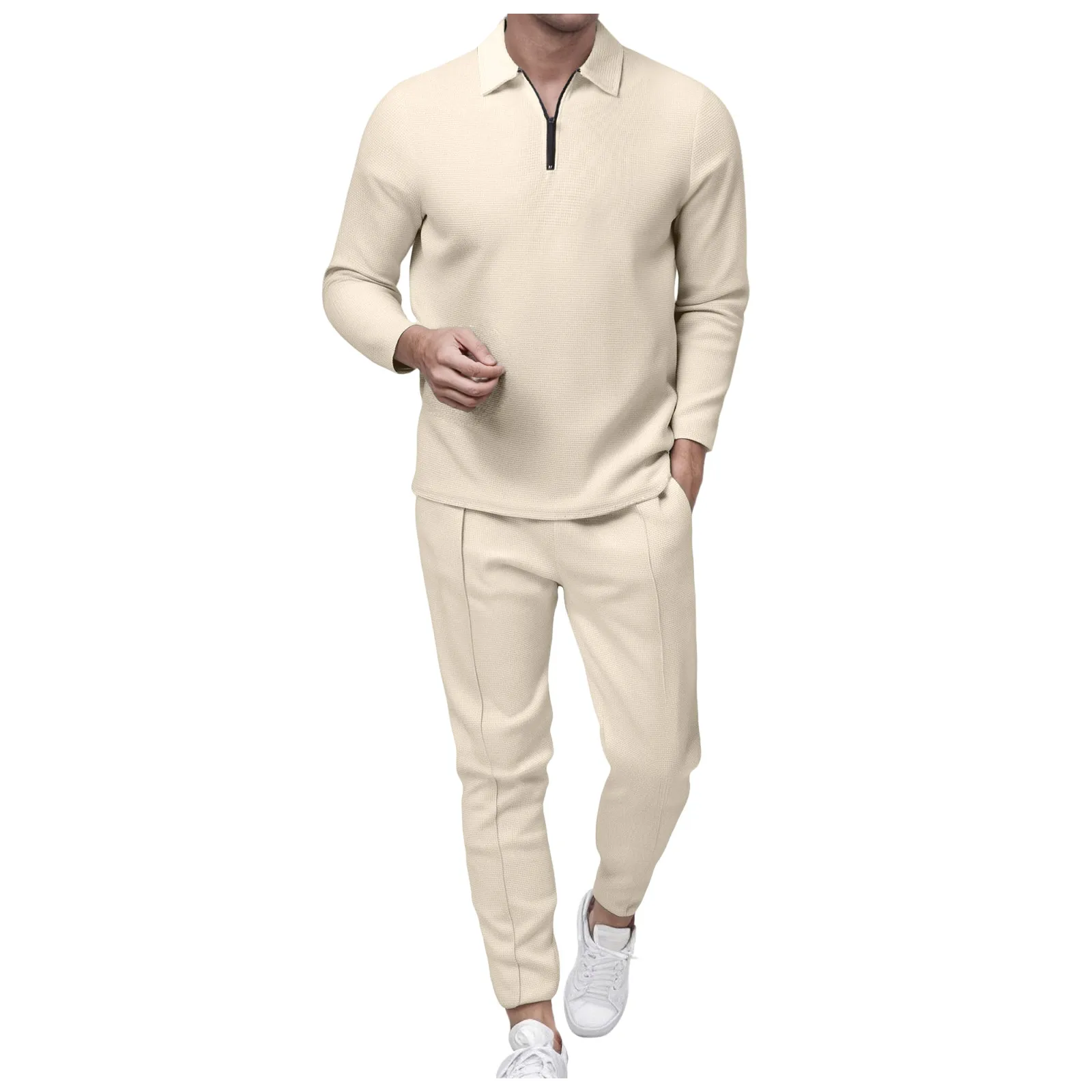 6 قطعة بدلة رجالية بلون سادة متماسكة نصف سحاب كم طويل سراويل طويلة أطقم رياضية غير رسمية 38s بدلة رجالية