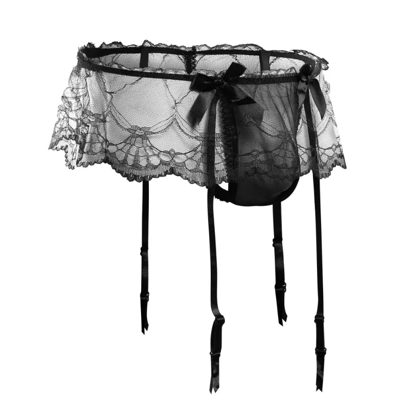 

Men's Transparent Mesh Sheer Skirted Thongs Low Waist Underwear Sexy Sissy Lace G-strings Erotic Bulge Pouch Panties with Garter