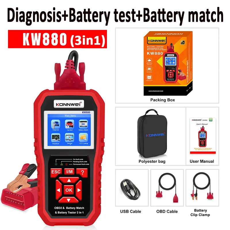 KONNWEI KW870 KW880 KW890 12V Car Battery Tester Analizer Auto Diagnostic Tool Battery Match 3 in 1 Car OBD2 Scanner Code Reader