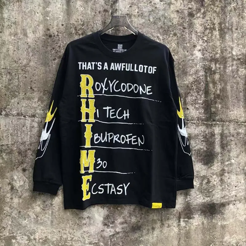 Retro Text List Print Long Sleeve T Shirt Unisex That's A Awful Lot of Cough Syrup Casual Loose Hip Hop Streetwear Tops