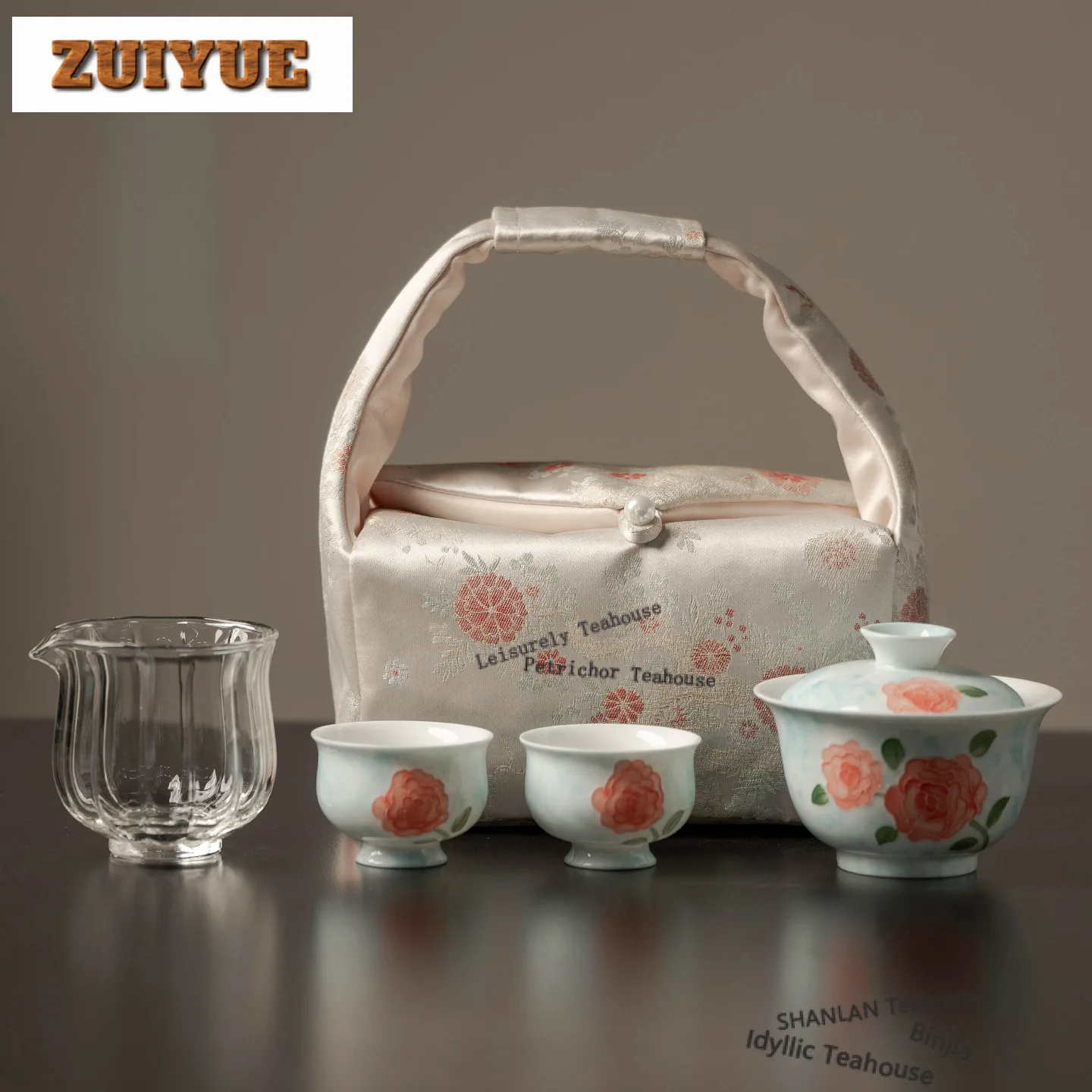 

Дорожный чайный сервиз с ручной розой, элегантный, 1 миска, 2 чашки, органайзер для заваривания чая, портативная уличная сумка, коллекция принадлежностей