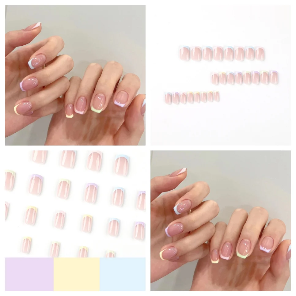 24pcs tragbare falsche Nägel Kunst Regenbogen fünf Farben Französisch frisch drücken auf Nagels pitzen Premium Faux Acryl volle Abdeckung gefälschte Nägel