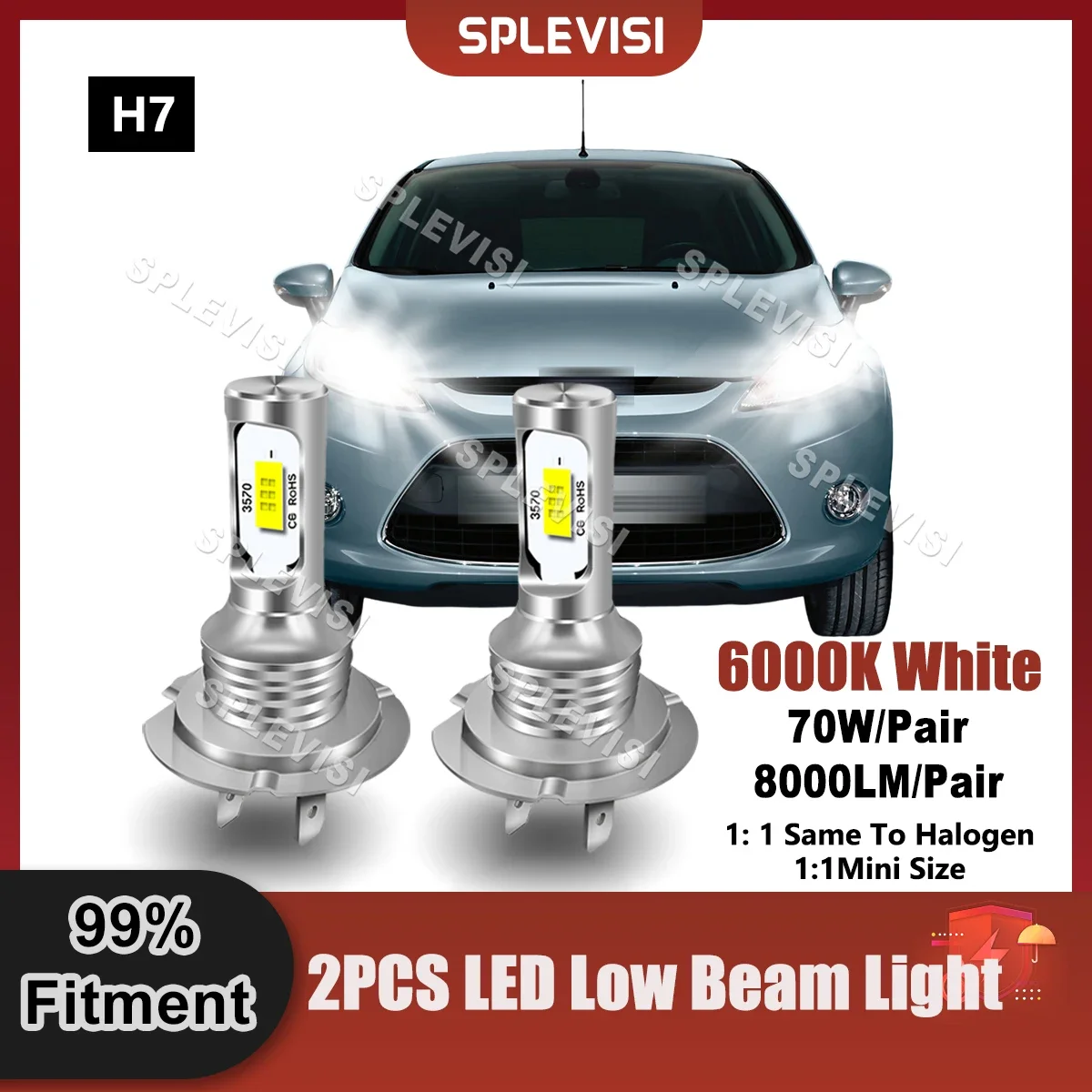 2PCS Auto LED H7 Low Beam For Ford Fiesta VI/MK6 2008 2009 2010 2011 2012 2013 2014 2015 2016 2017 2018 2019 2020 2021 2022 2023