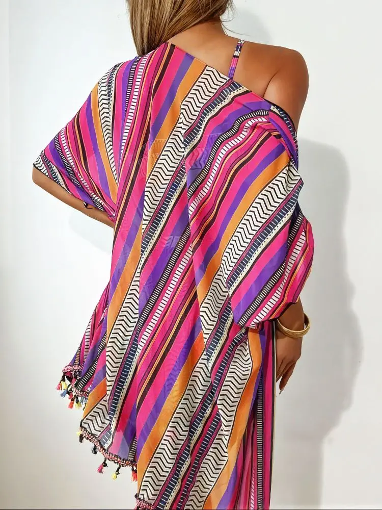 Cikini 4-delige bikiniset met geometrische bedrukte ruches, boven- en onderkant, bikiniset met veelkleurige franje en shorts