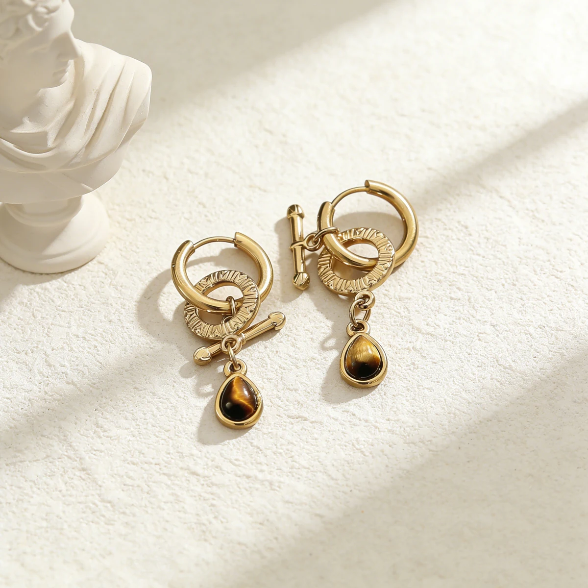 AURORA Retro Tropfenförmige Tigerauge Naturstein-Charm-Creolen für Damen, Täglicher Edelstahl-Schmuck, Accessoires – Detail 5
