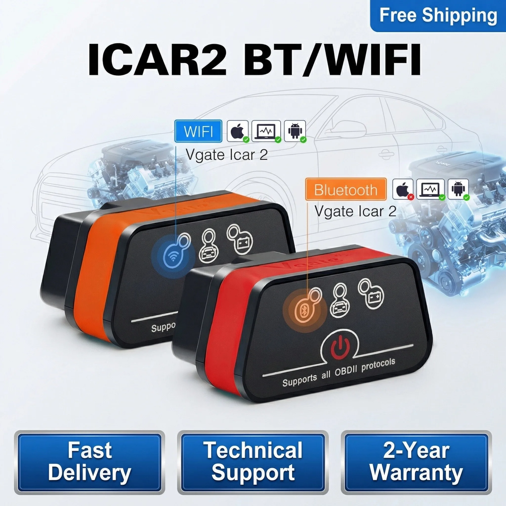 100% Original Vgate ICar 2 Wifi Elm327 For IOS Bluetooth Icar2 Scanner Diagnostic Auto Tool