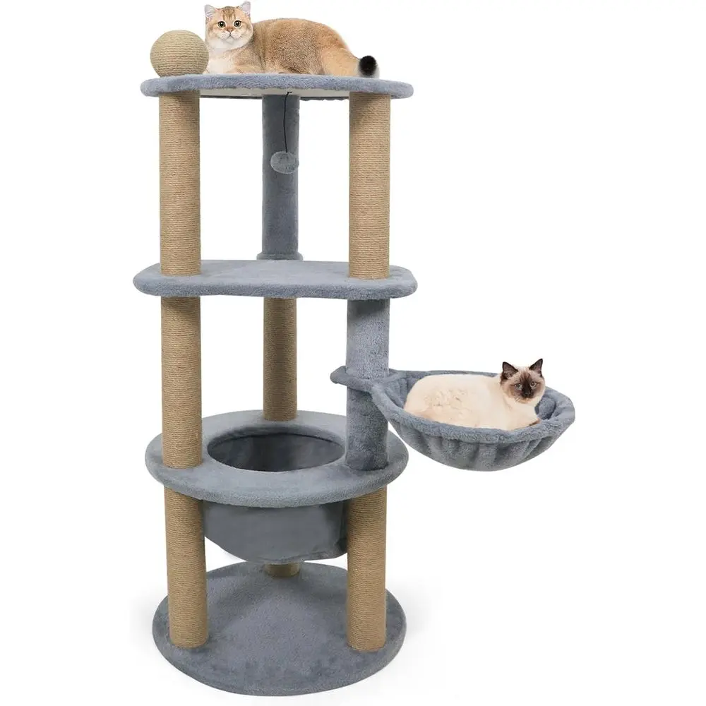 

47 Multi-Level Cat Tower with Scratching Posts, Hammock, Basket Bed, and Play Features