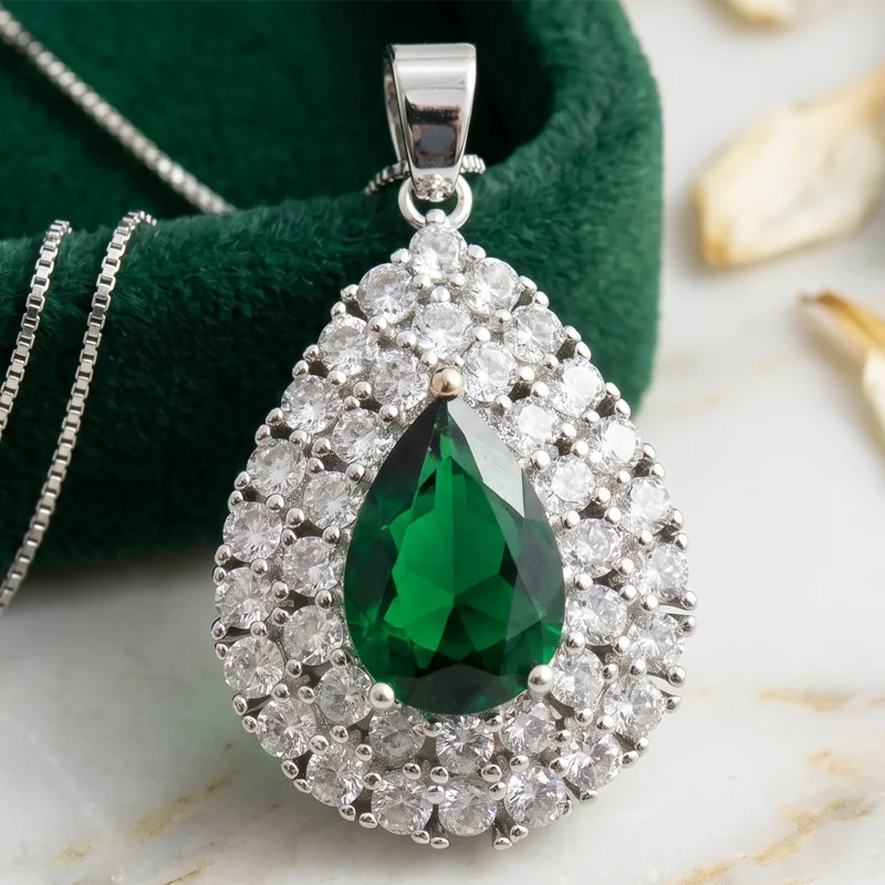 Buy 5 Get 1 Free 37x22mm Delicate Fine Cut Red Blood Ruby Green Emerald White CZ Daily Wear Females Gift Silver Pendant