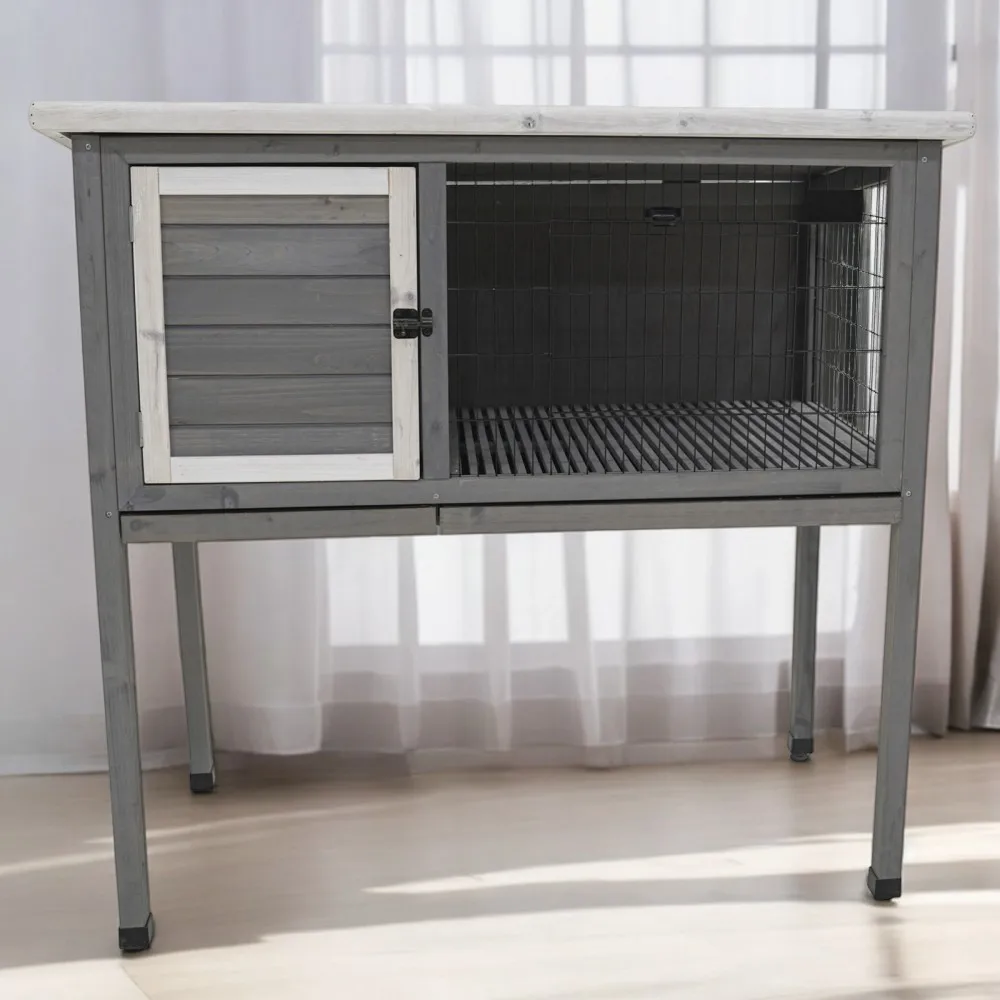 

48"Wood Rabbit Hutch, Indoor Outdoor Bunny Cage with Roof and Removable Tray, Chicken Coop with Lockable Door, Guinea Pig Cage,