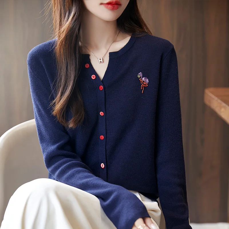

New Type Of Fine Spun Wool. Knitted Cardigan Loose Embroidery Versatile Temperament Western-style Base Shirt Women's Top
