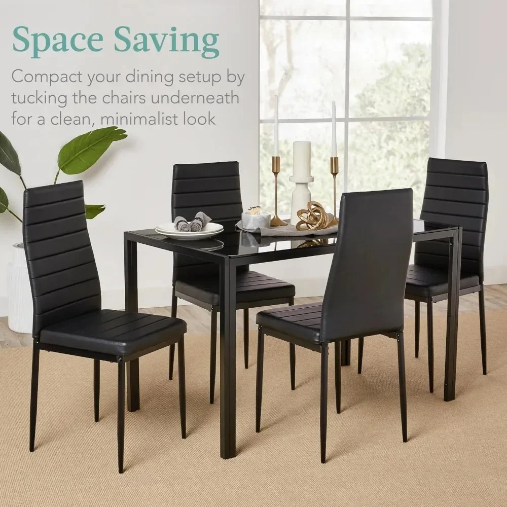 5-Piece Glass Dining Set, Modern Kitchen Table Furniture for Dining Room,4 Upholstered PU Chairs, Metal Steel Frame - Black