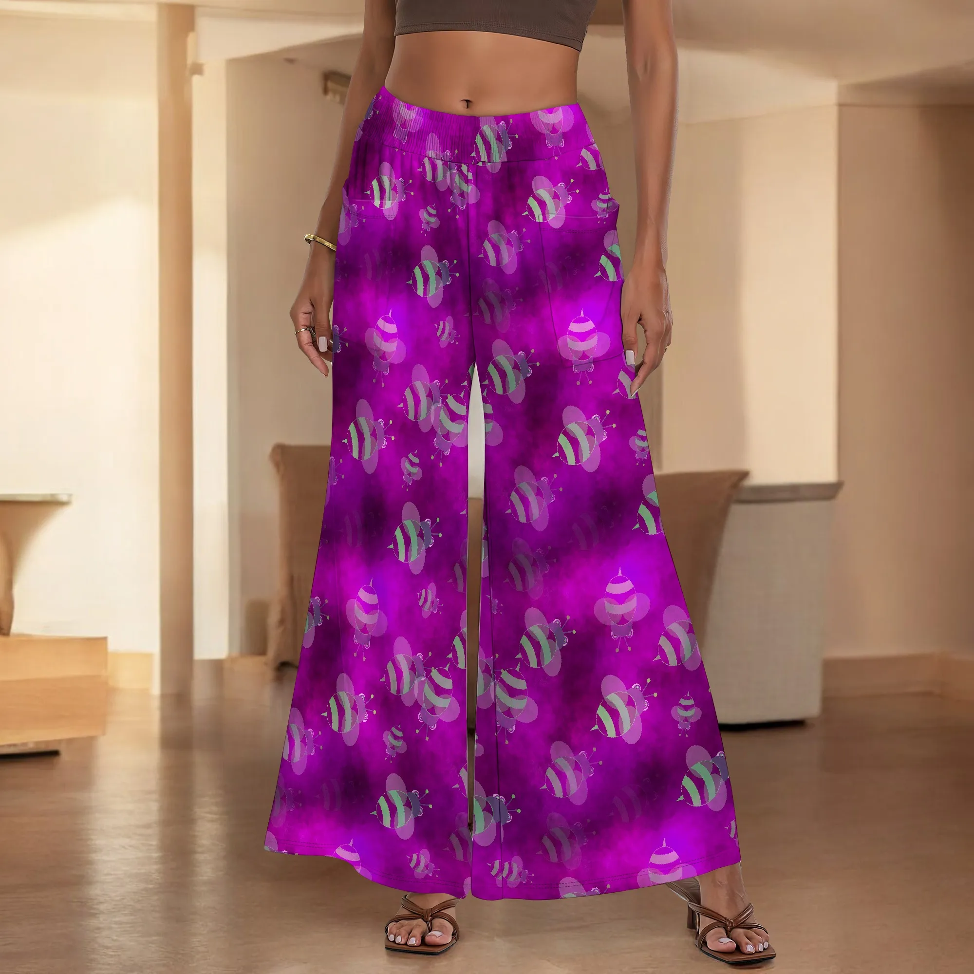 Pantalones de pierna ancha para mujer con bolsillos, diseño de abeja cómodo e informal para todas las estaciones, para fiesta de compras en casa
