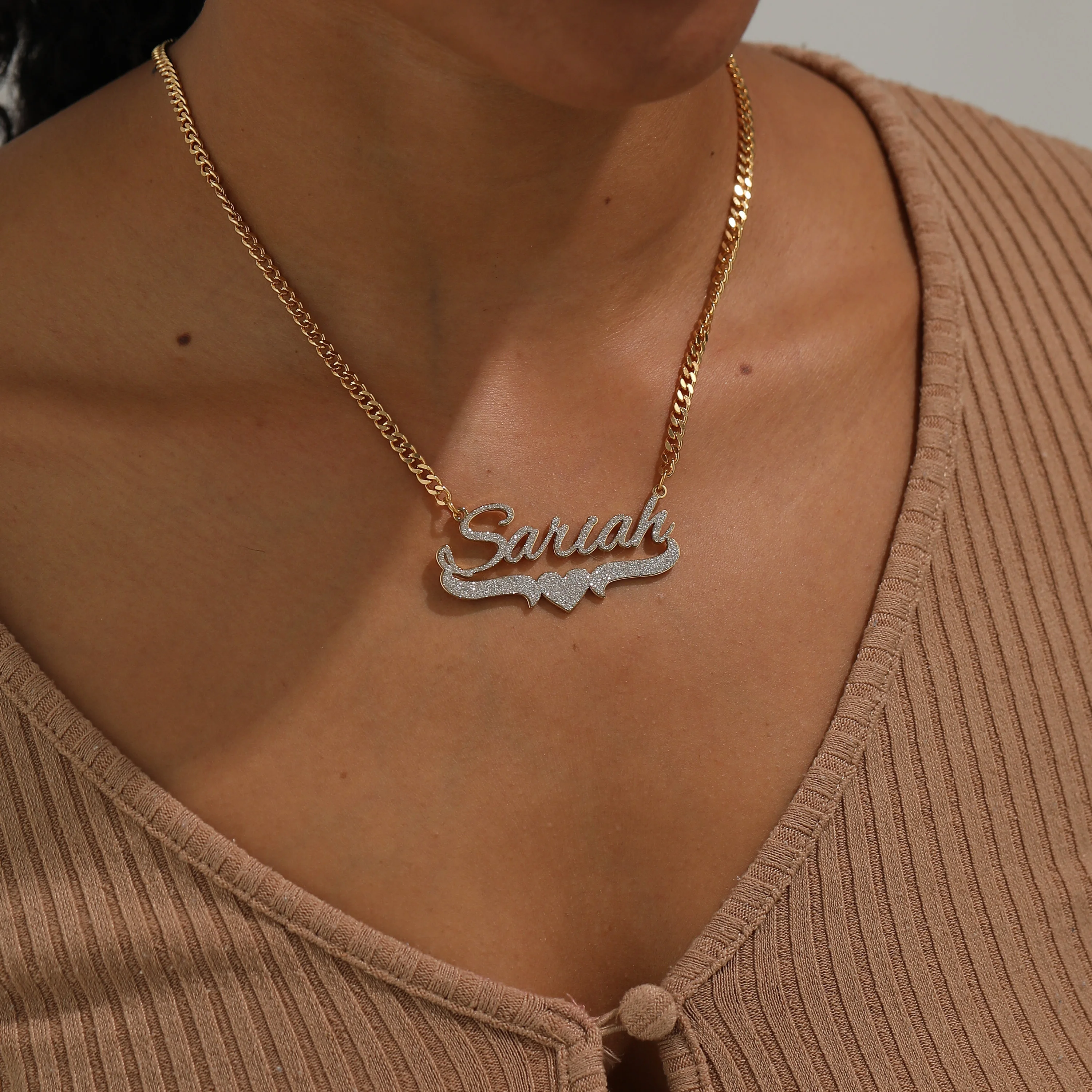 Custom Bling Name Necklace with Heart Bling Name Necklace Personalized Nameplate Pendant Handmade Bling Sticker Chain for  Her