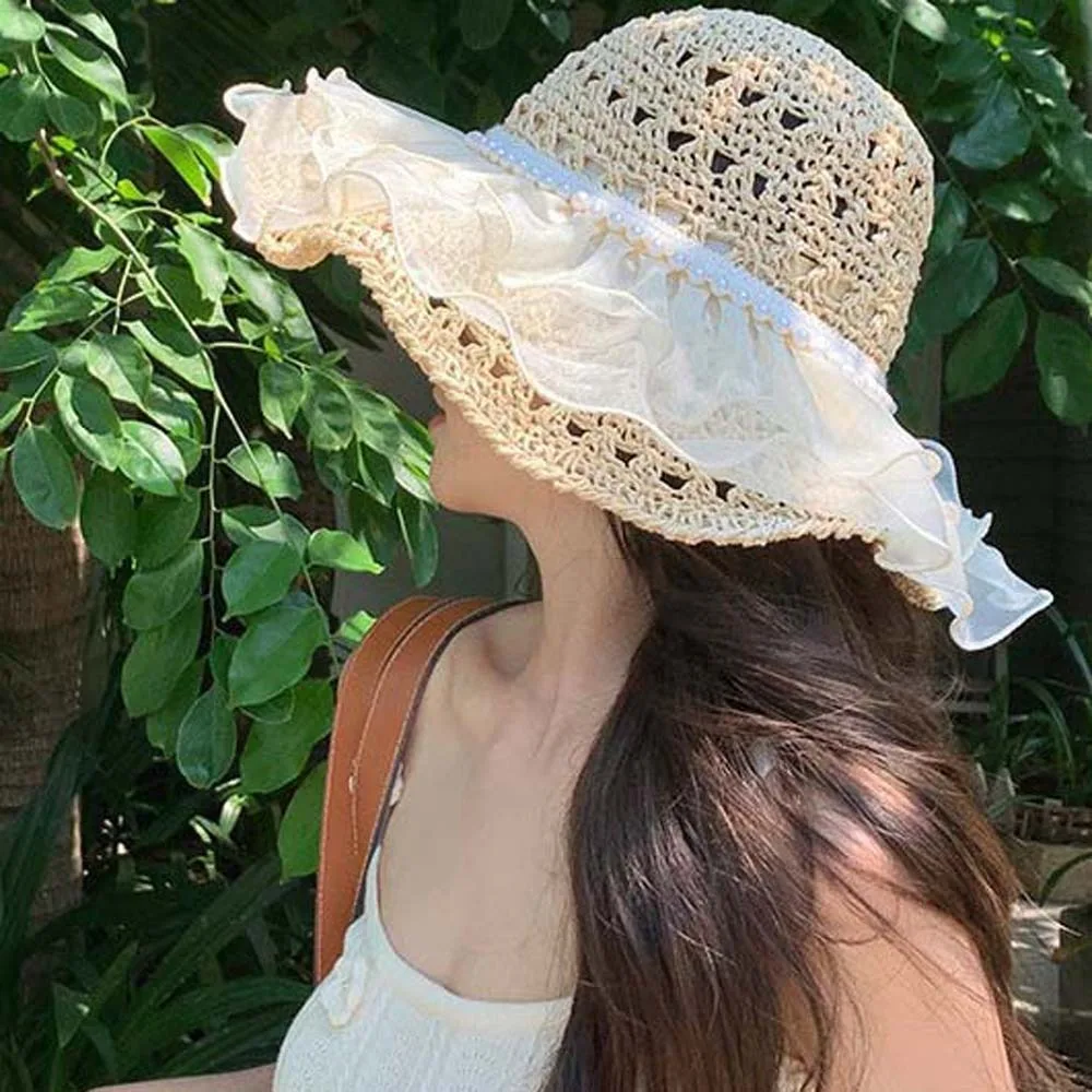 

Sweet Portable Lace Pearls Sun Cap Hollow Out Breathable Straw Weaving Beach Hat Polyester Soft Big Brimmed Woven Cap Vacation