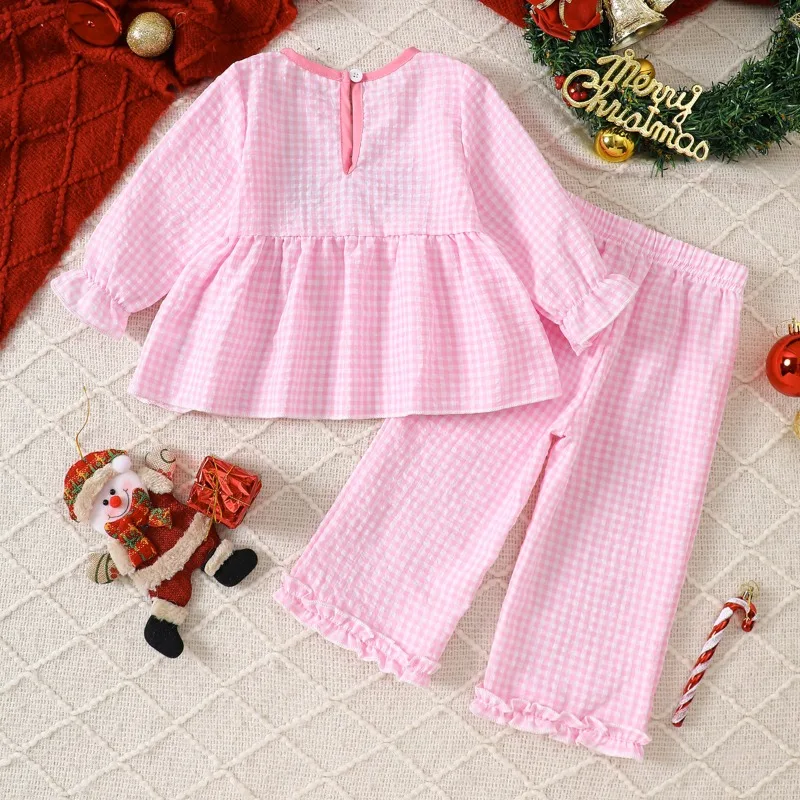 Baby Girls Christmas Plaid Outfit Pink Ruffled Top With Santa Tree Patch Bows And Matching Ruffle Hem Pants Set 0 36M