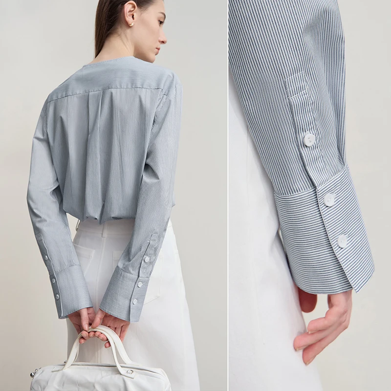 AMII 여성 셔츠 2025 가을 신상품 입체 장식 코튼 O넥 스트라이프 블라우스 루즈핏 탑 12543171