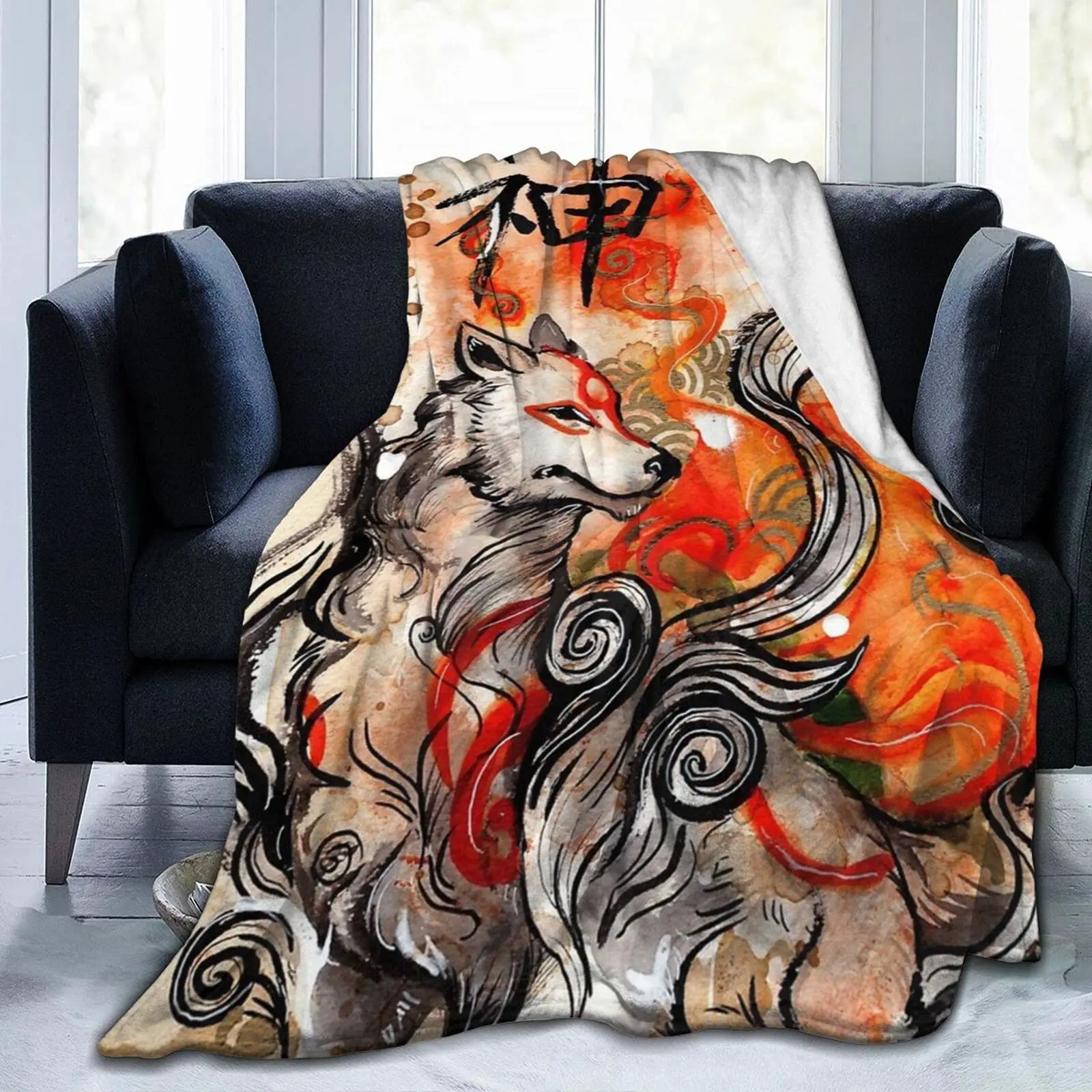 Okami Amaterasu-Manta de Micro Franela ultrasu, manta de zorro japonés para sofá, cama, sala de estar, manta temática de animales