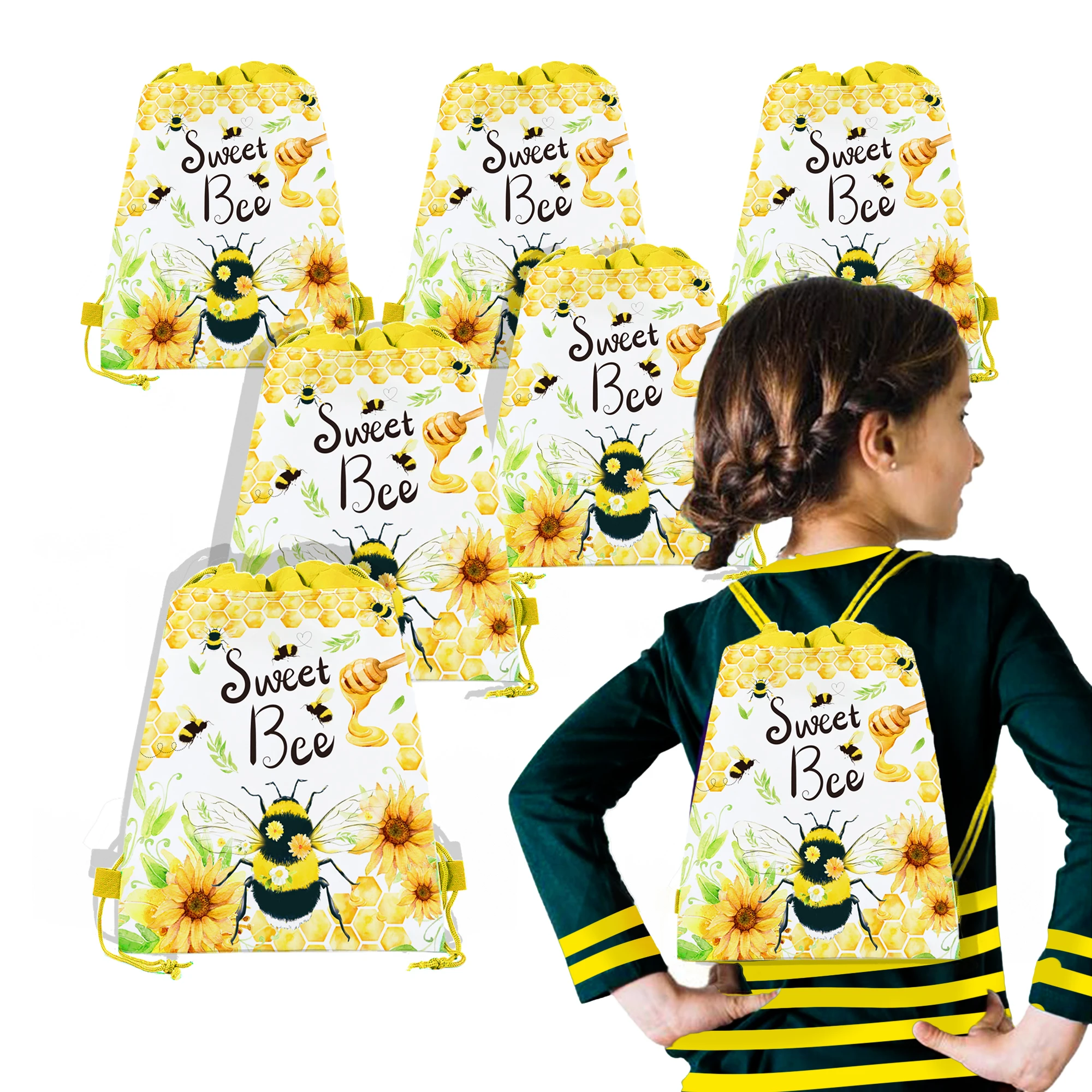 Cartoon Honey Bee Animals Sunflower Non-woven Bag Birthday Gifts Drawstring School Backpack Baby Kids Party Packing Storage Bags