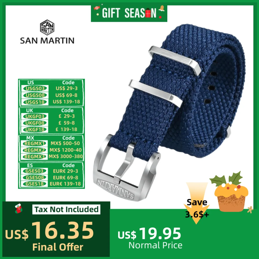 San Martin Braided Linen Watch Strap 22mm 20mm Paratrooper Watchband Fabric Watch Band Buckle Belt Breathable BD0012