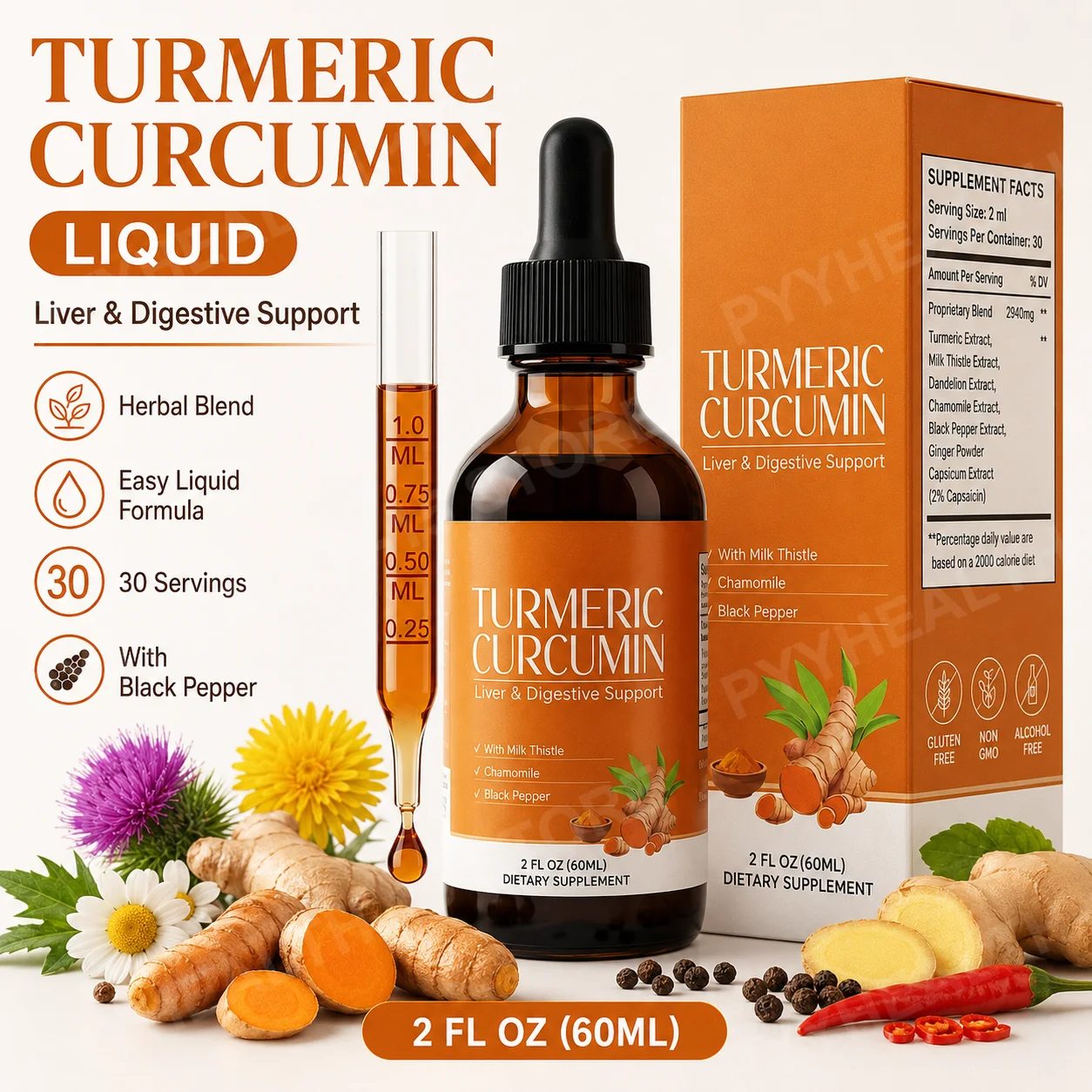 Turmeric Curcumin & Milk Thistle Liquid Drops for Liver Wellness Support | Dandelion, Chamomile, Black Pepper & Ginger | 2 Fl Oz