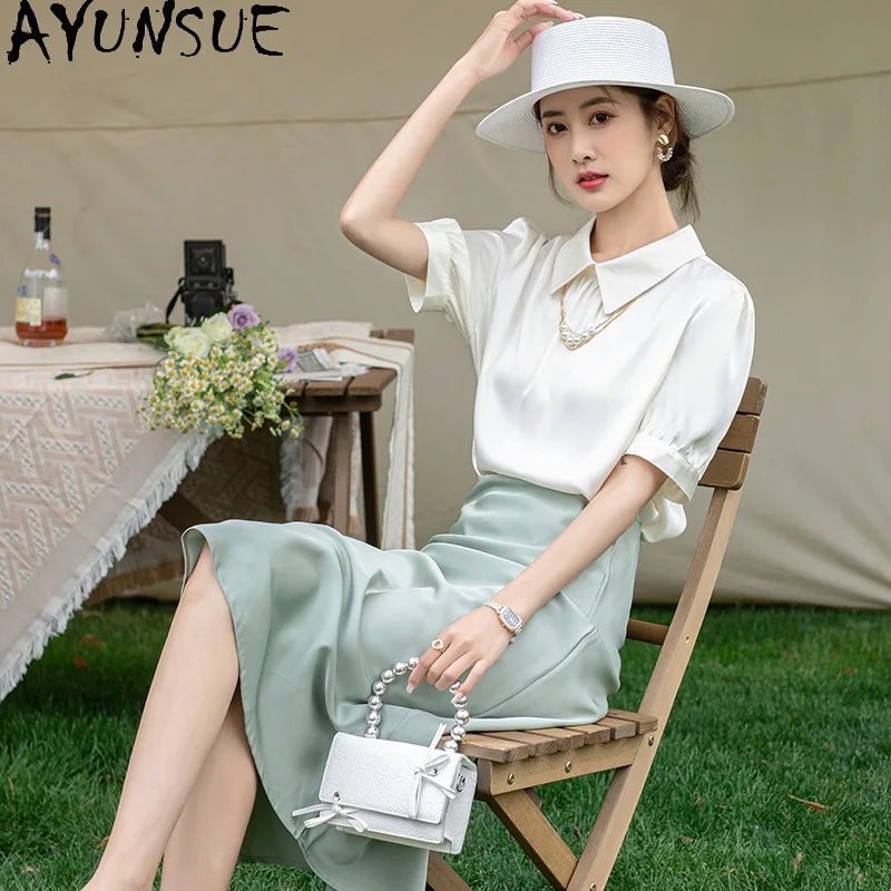 AYUNSUE 100% Silk Women's T-shirts Elegant Solid Color Tops for Woman Lapel Women T Shirts New Arrival Woman Clothes Summer Топ
