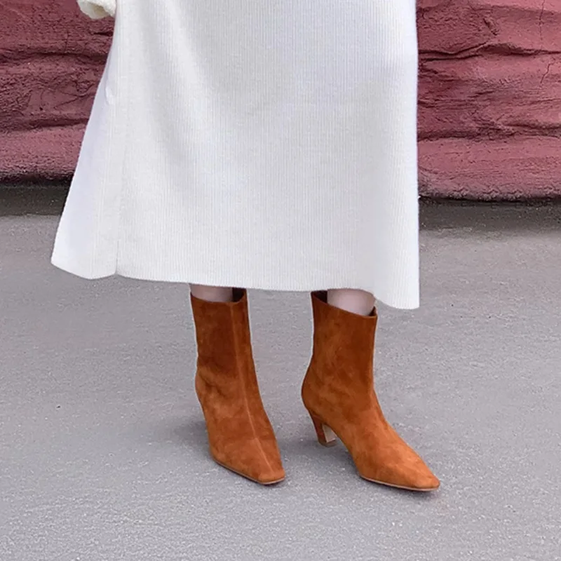 Ankle Boots Kitten Heel Ladies Winter Shoes Sheepsuede Spring Autumn Women Boots Sip On Leather Winter Shoes Square Toe Size 43
