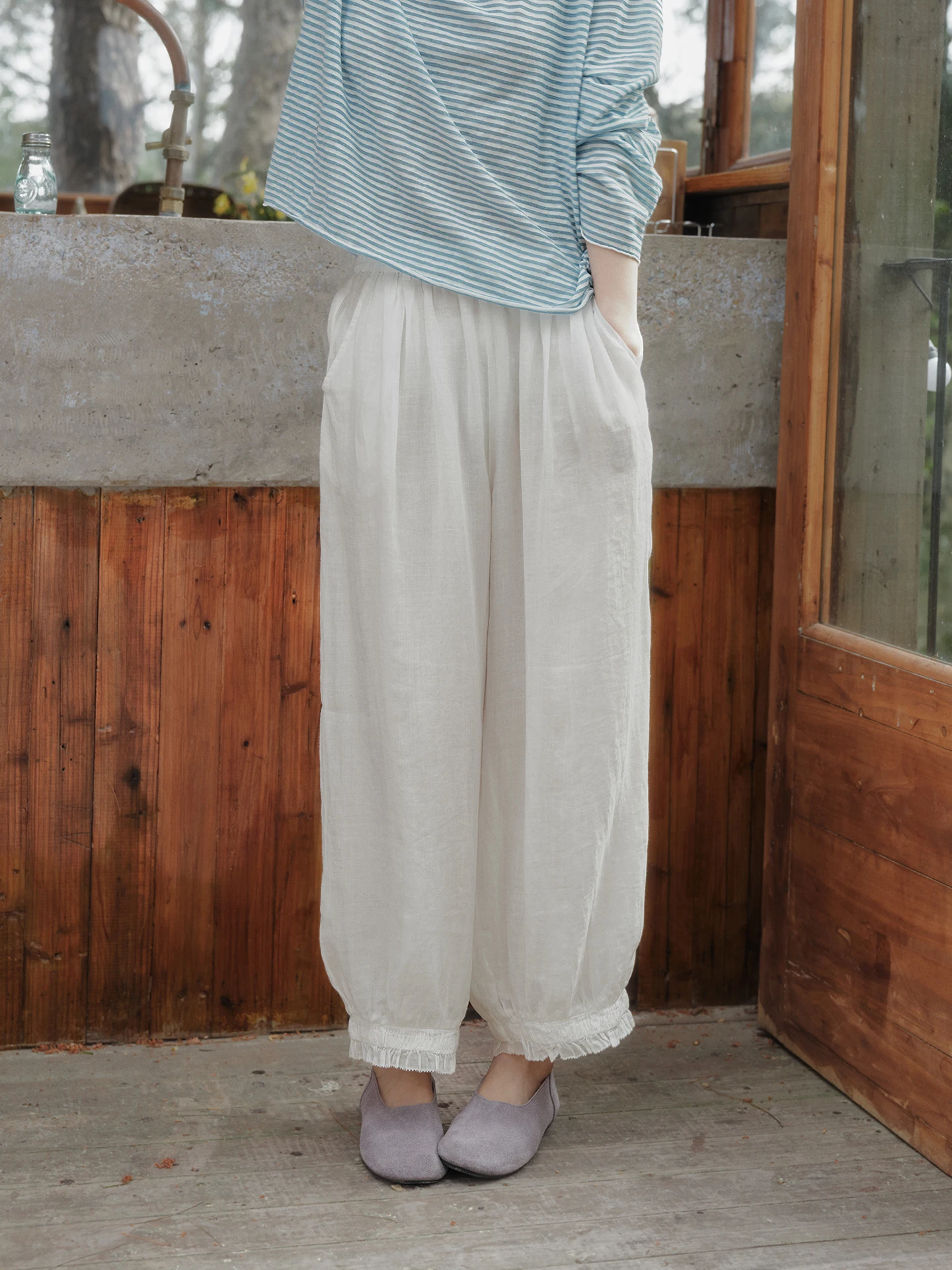 

High-Branch Pure Flax Elastic Wood Casual Pants Summer Women's Loose Fit Natural Waist Japanese Style Ladies Pants