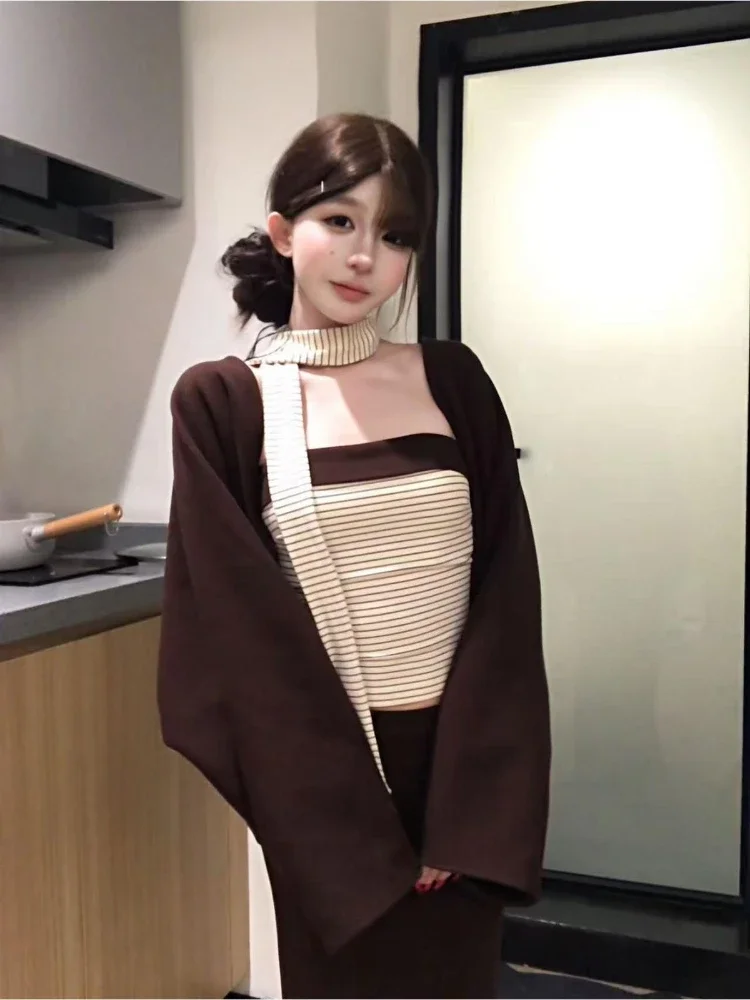 

Y2k Эстетические комплекты из 3 предметов, женский кардиган в стиле гранж + полосатый лоскутный жилет без бретелек + винтажные сказочные макси-юбки ​ осенние наряды